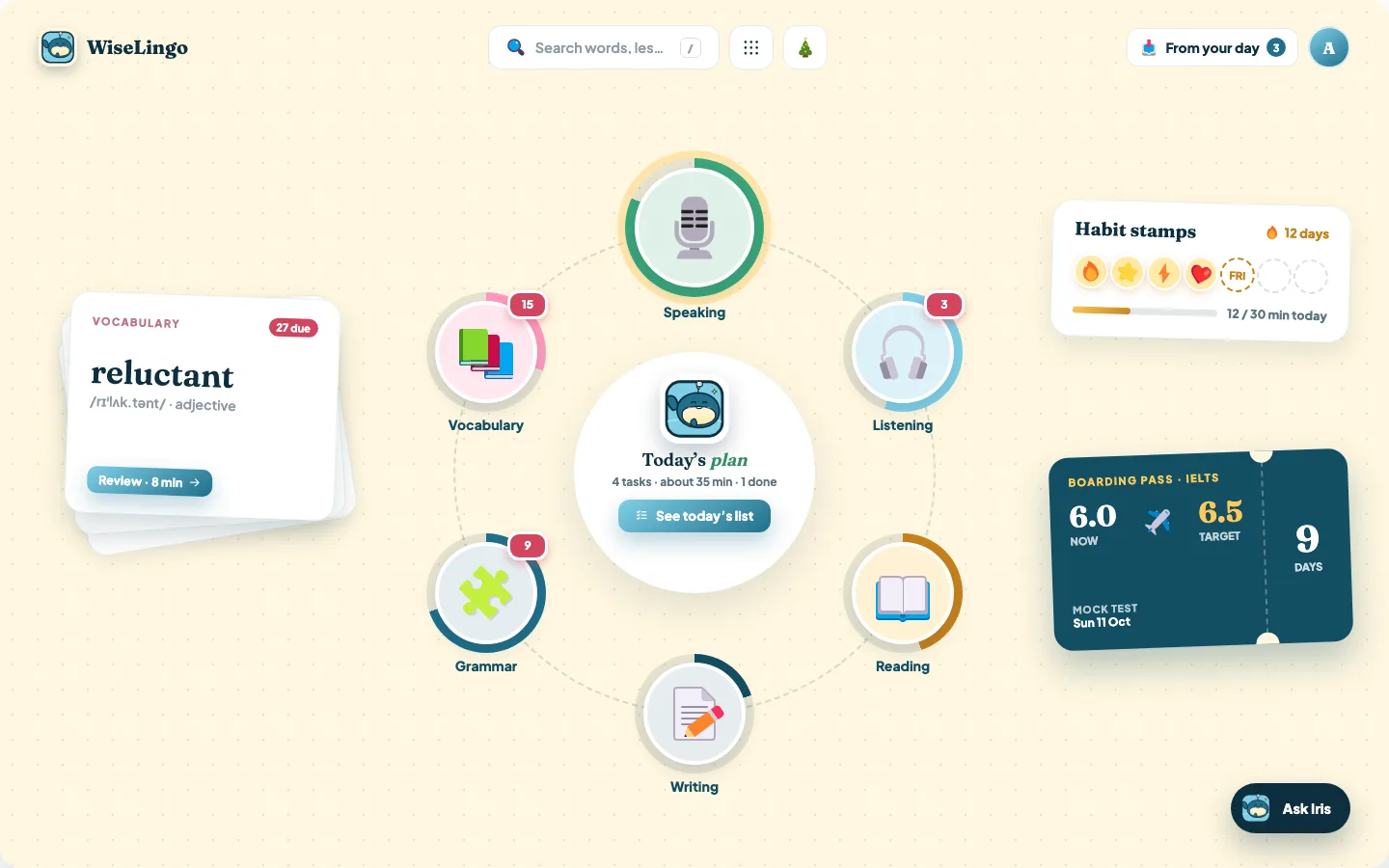 The WiseLingo study desk — every skill on one screen