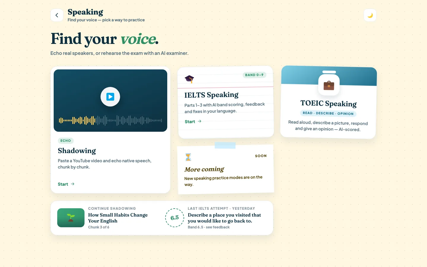 The Speaking screen in WiseLingo