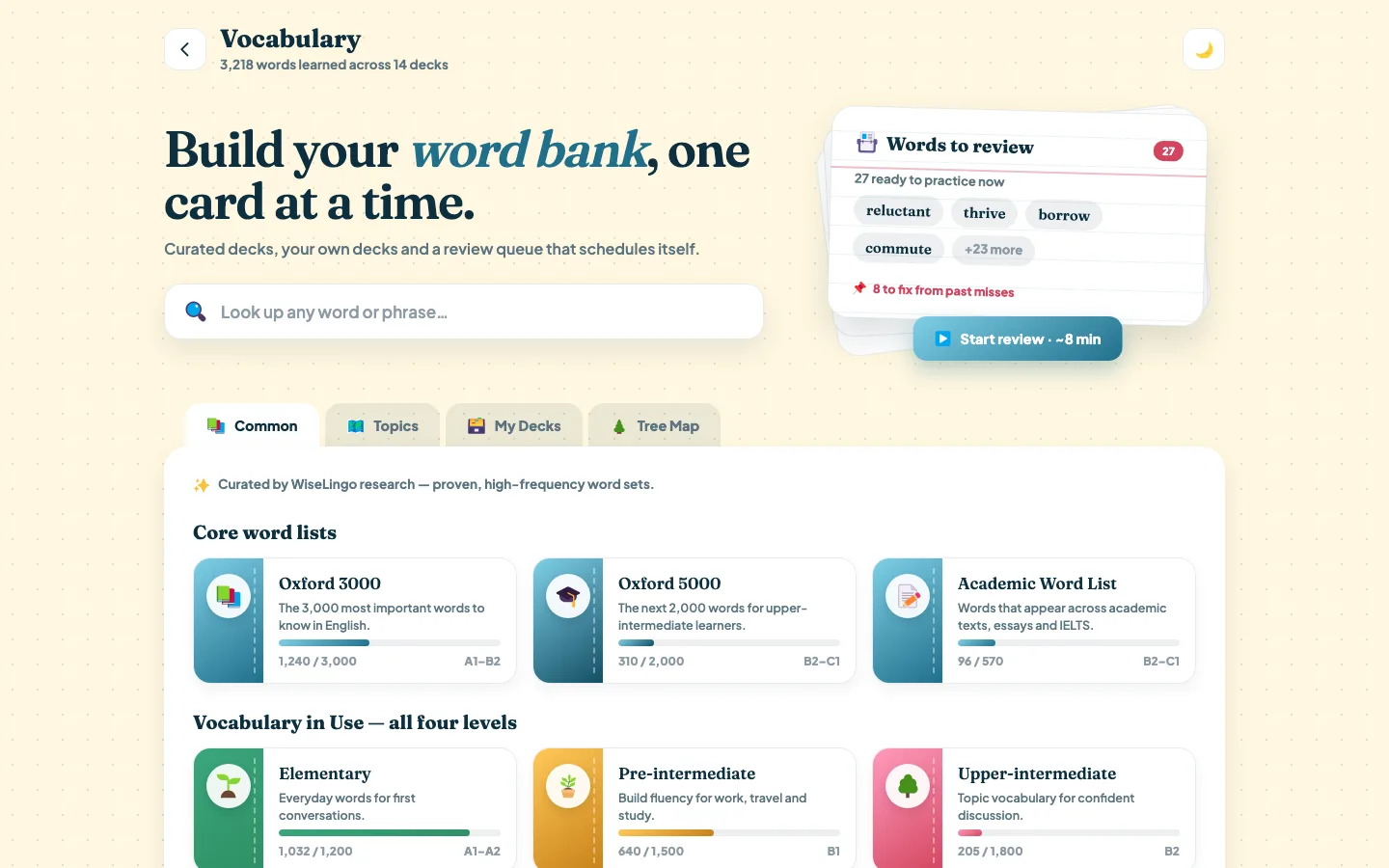The Vocabulary screen in WiseLingo